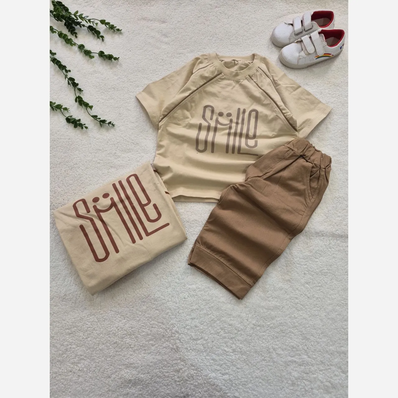 ست تیشرت و شلوارک بچگانه طرح SMILE جنس پنبه تیپ لاکرا سایز 50 تا 60