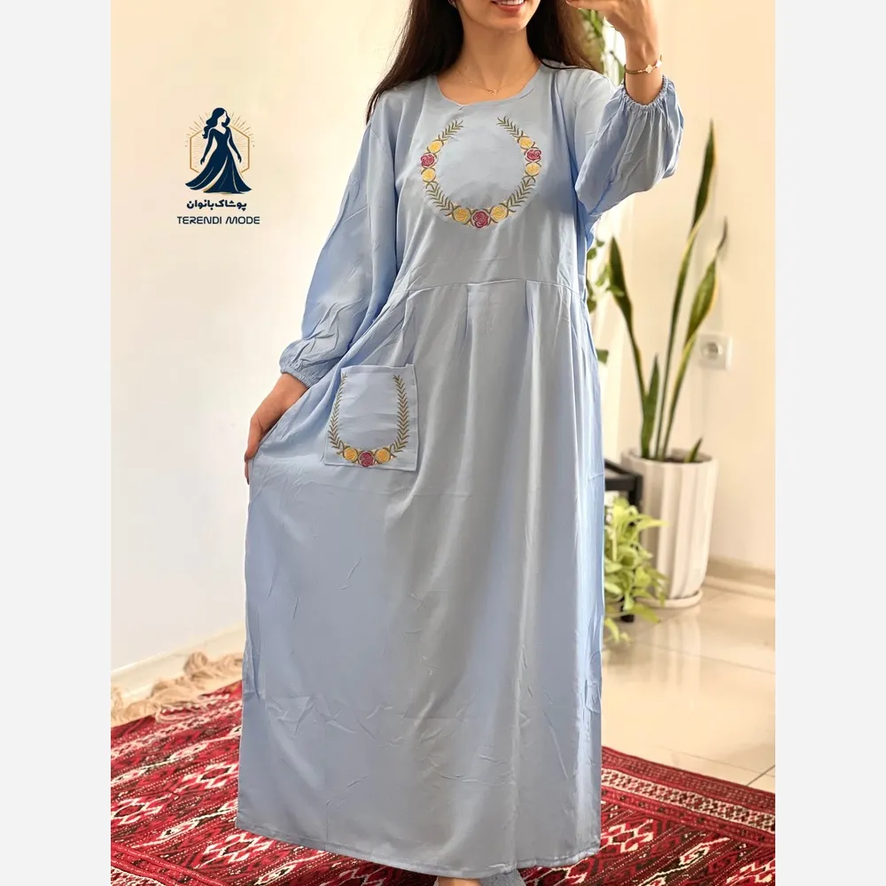 ساحلی گلدوزی تک جیب زنانه جنس نخ ململ رنگ زیتون خنک تابستانه