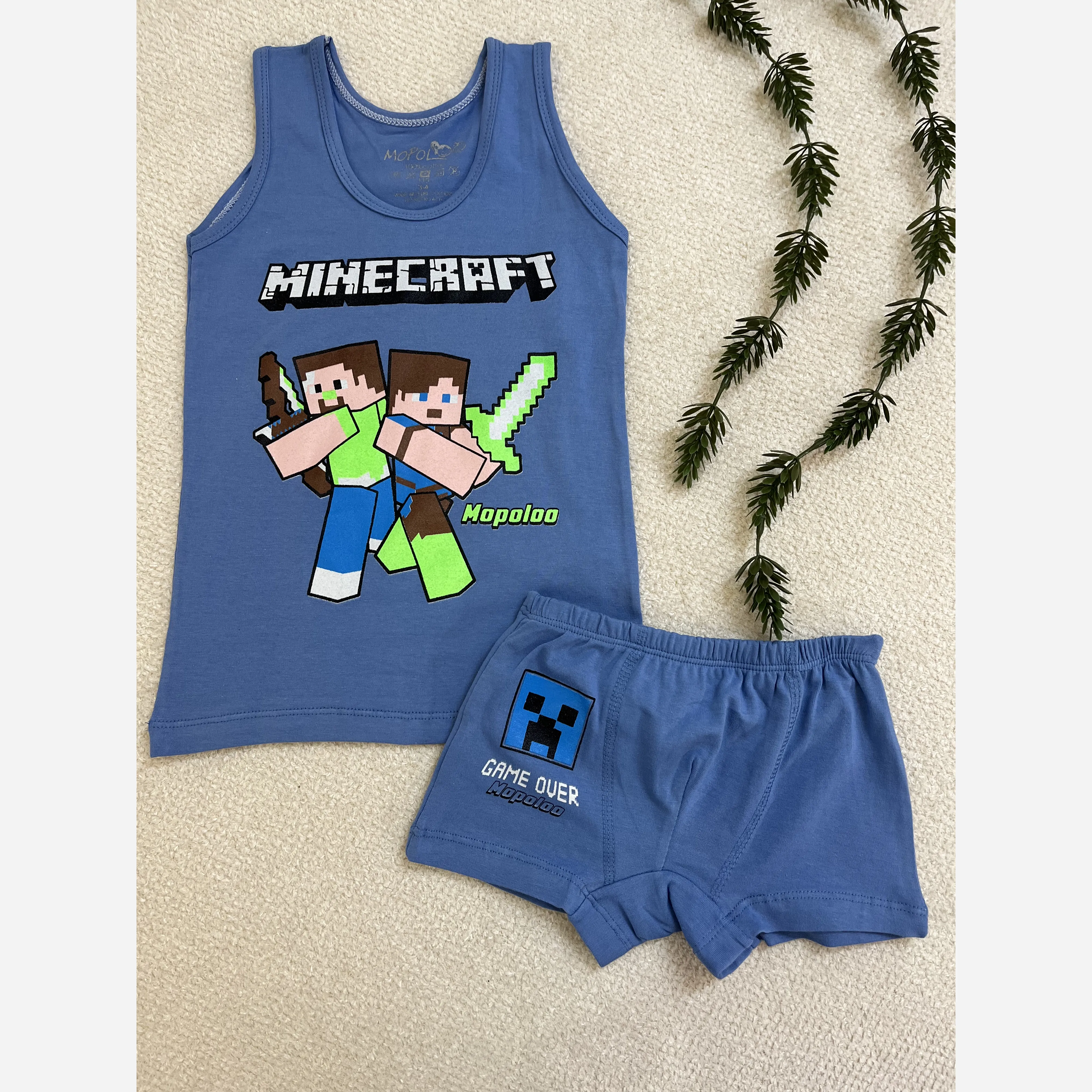 ست رکابی و شورت پسرانه طرح ماینکرافت جنس نخ پنبه بچگانه سایز 3 تا 10 سال