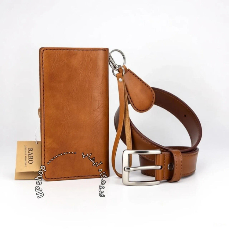 ست هدیه مردانه کیف و کمربند چرمی رابو مدل پشت چرم سوگو با سگک استیل