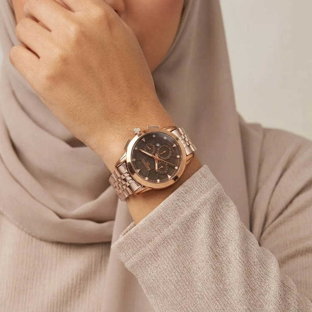 ساعت مچی زنانه سیکو بند استیل رزگلد صفحه مشکی طرح سه موتور با تقویم