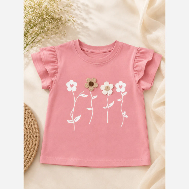 بلوز دخترانه گل برجسته آستین کوتاه پنبهای مناسب 2 تا 9 سال