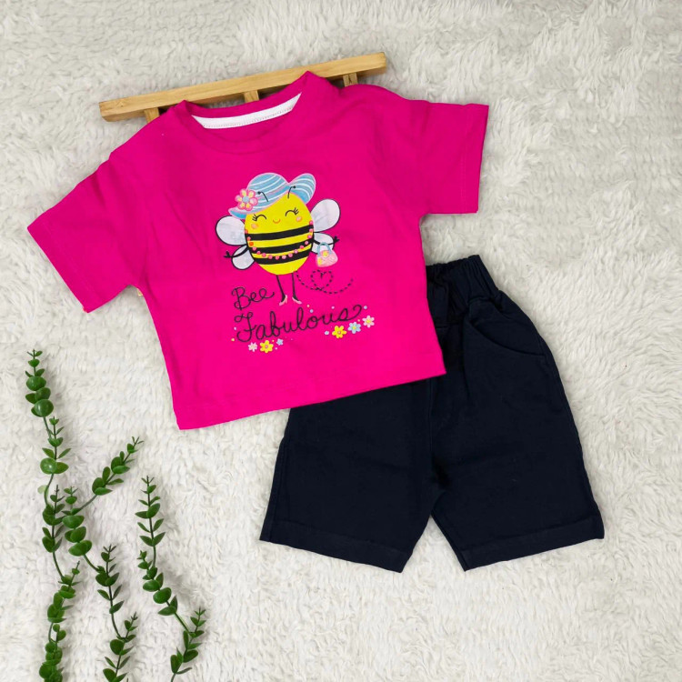 ست تیشرت و شلوارک دخترانه نوزادی طرح زنبور پنبه و کتان سورمه ای یک تا سه سال