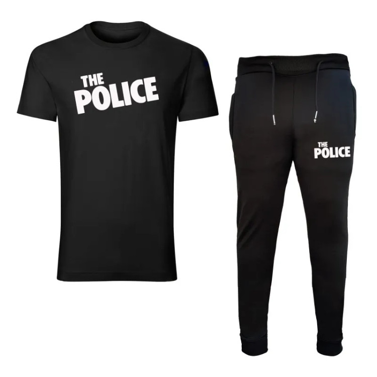 ست تیشرت آستین کوتاه یقه گرد و شلوار مردانه طرح polis مدل e4656 مشکی جنس نخ کمر کش دم پا کش
