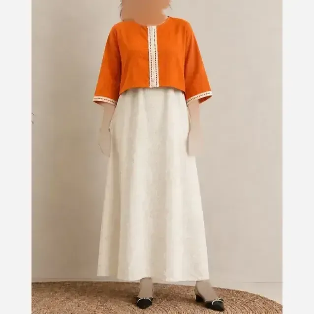 کراپ سارافون لینن زنانه نواردوزی فری سایز قد 130 سانتی متر