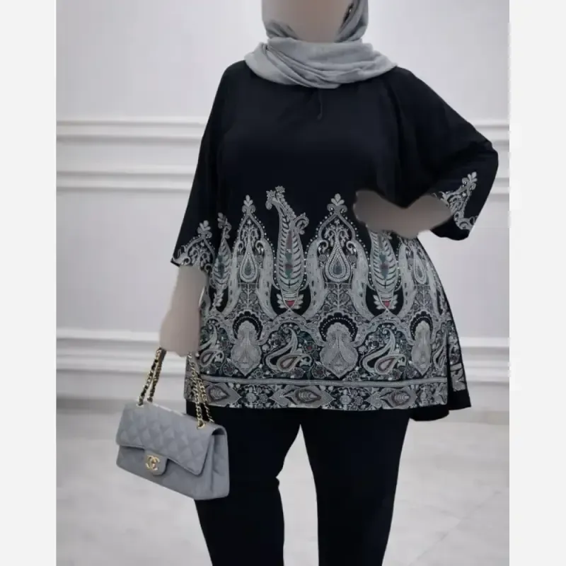 تونیک زنانه مشکی سایزبزرگ اندونزی طرح سنتی فرم آزاد