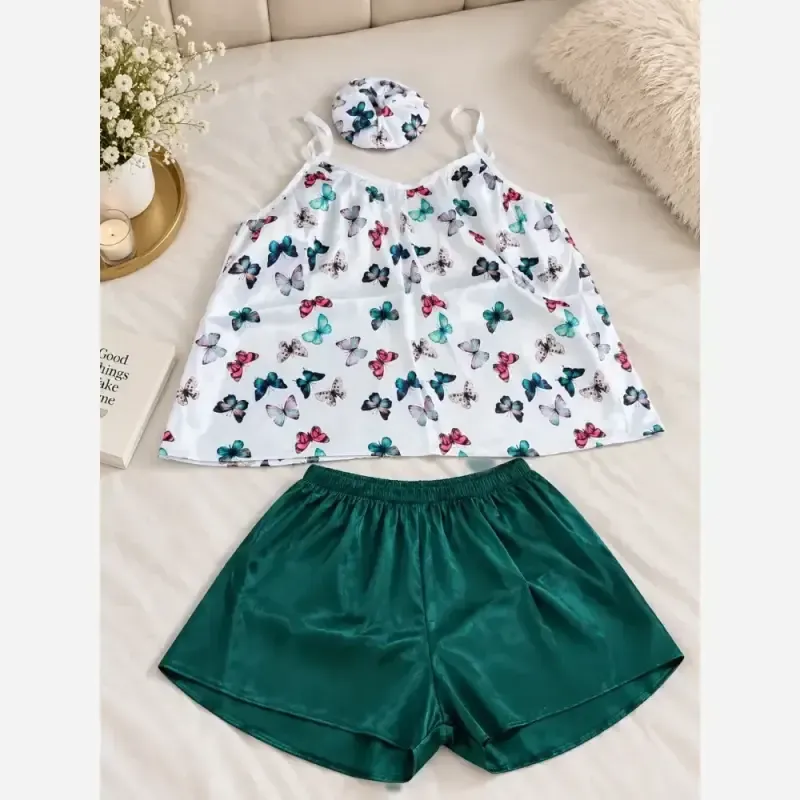 ست لباس خواب سه تیکه ساتن تاپ و شلوارک سایز 36 تا 46